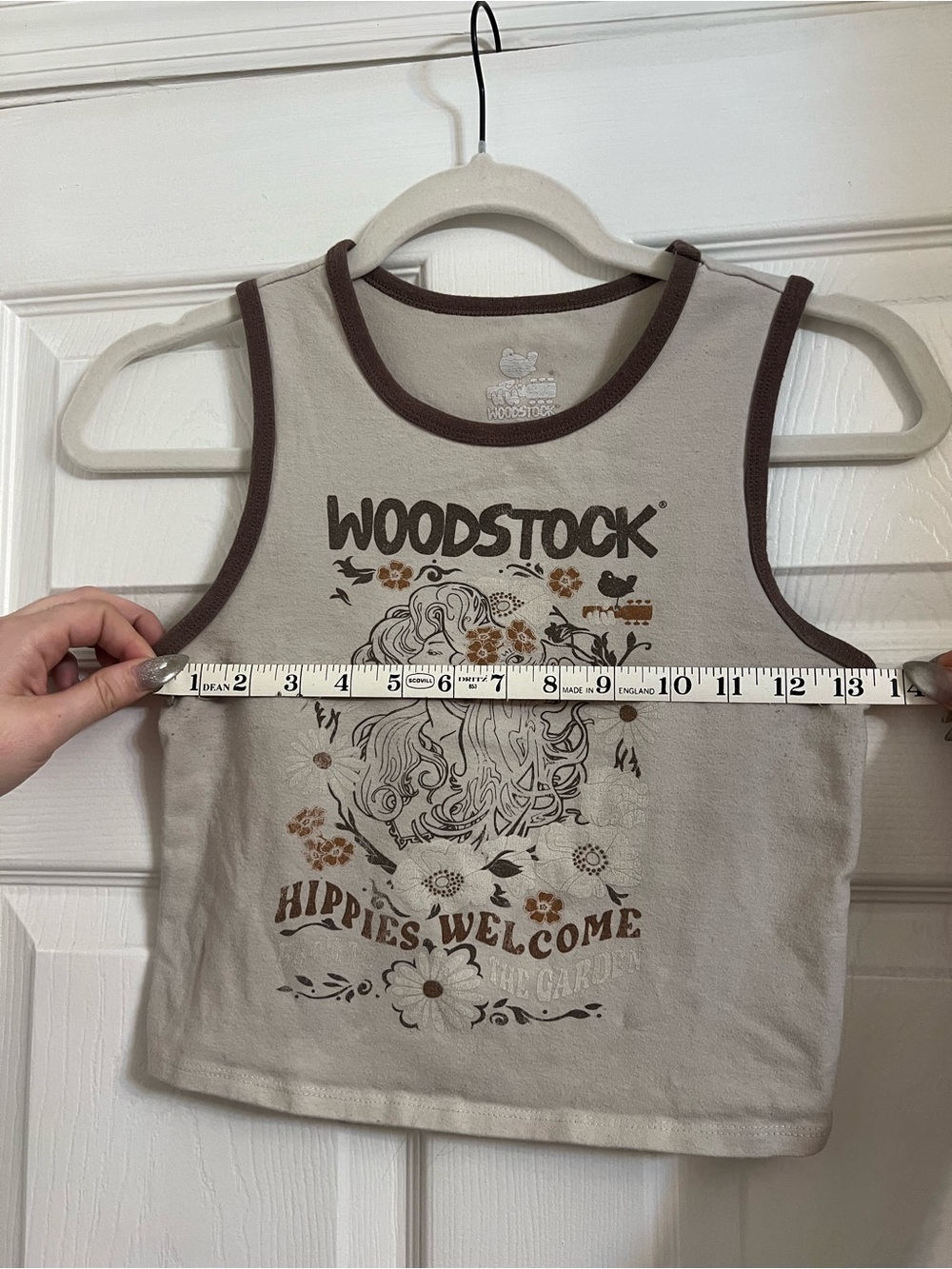 Women’s Cropped Sleeveless Tank Top - Beige with Brown Trim - Picture 2 of 4